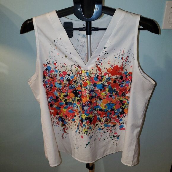 None Tops - Woman's Large Color Paint Splattered Sleeveless Top. Colorful, Rainbow, Casual